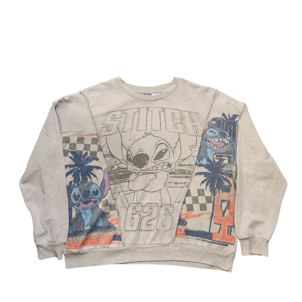 Disney Stitch 626 Mens Graphic Sweatshirt Gray Paneled Crewneck Pullover 2XL NEW